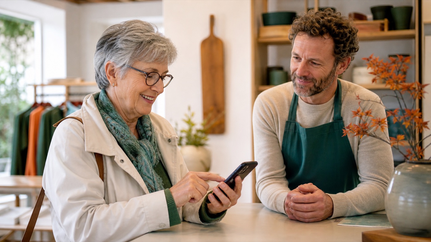 Eine ältere Kundin nutzt in einem Geschäft ein Smartphone, während der Inhaber aufmerksam zusieht.