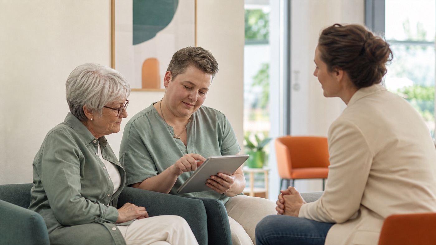 Zwei Patientinnen prüfen gemeinsam mit einer Mitarbeiterin eine Gesundheitsinformation auf einem Tablet.