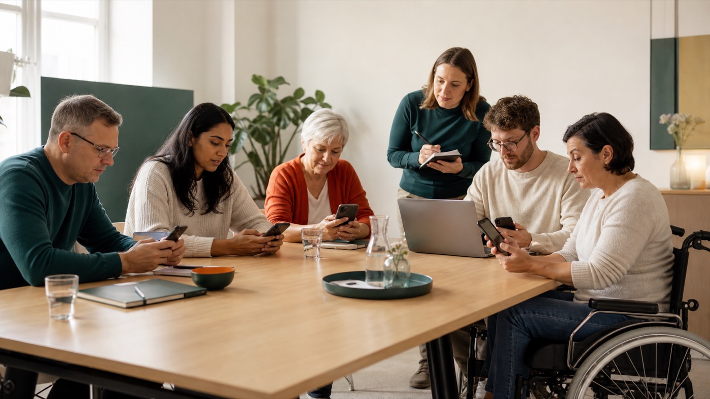 Eine vielfältige Gruppe testet denselben digitalen Weg auf Smartphones und einem Laptop.