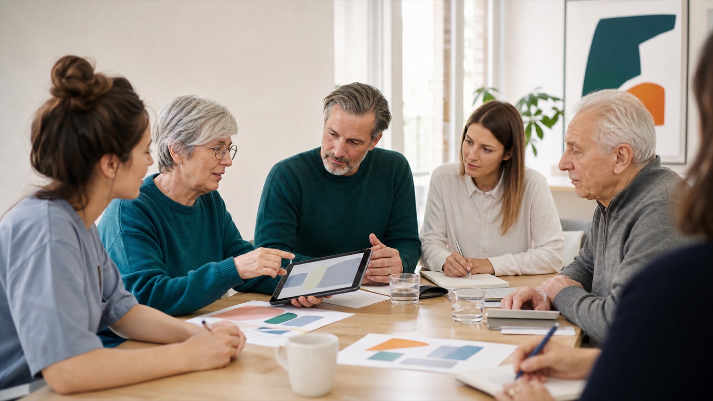 Patienten und Fachleute besprechen gemeinsam die Gestaltung einer digitalen Gesundheitsinformation.
