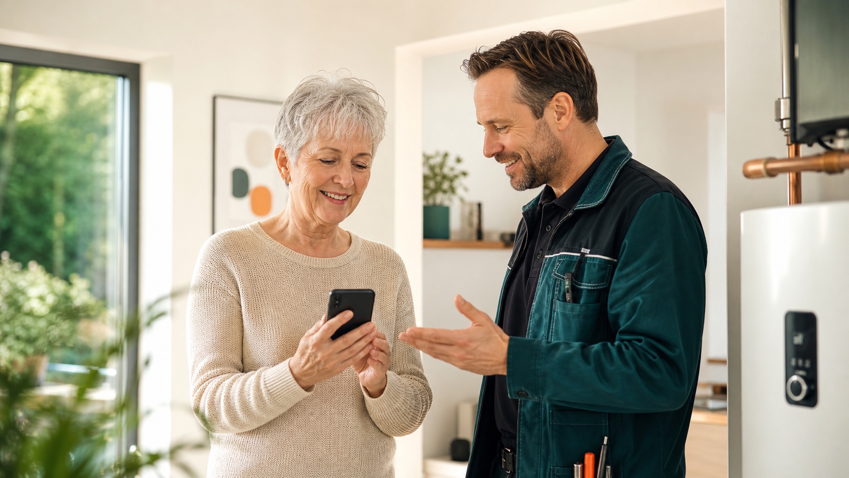 Eine ältere Hauseigentümerin und ein Handwerker besprechen gemeinsam einen digitalen Kontaktweg auf dem Smartphone.