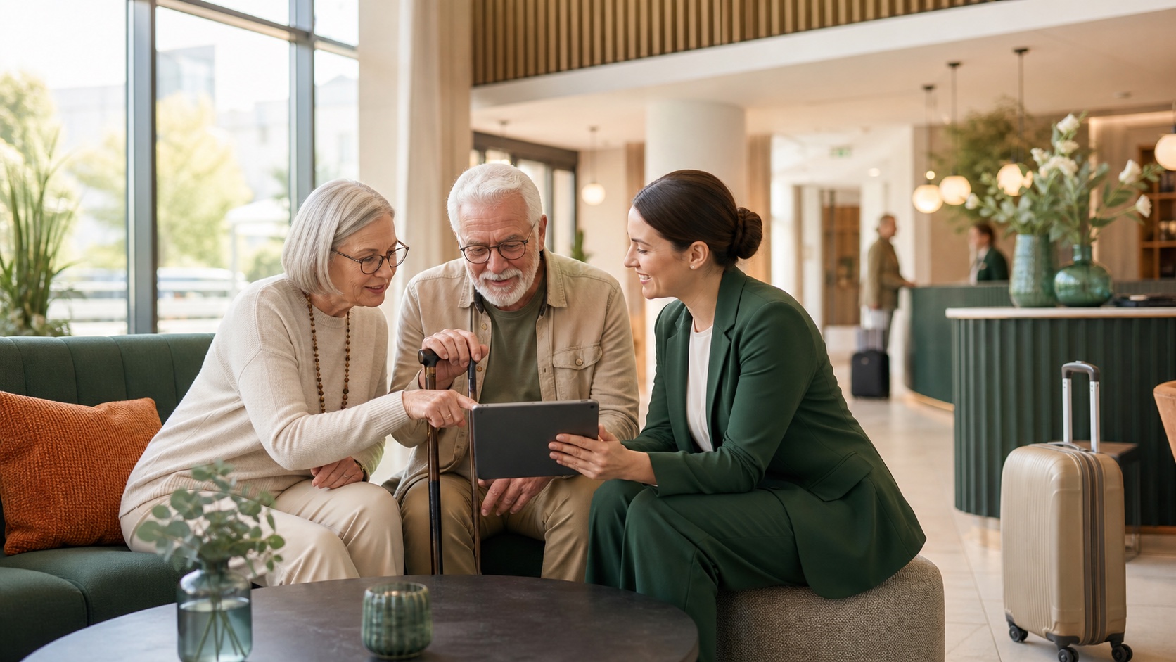Ein älteres Paar prüft gemeinsam mit einer Hotelmitarbeiterin Informationen für einen zugänglichen Aufenthalt.