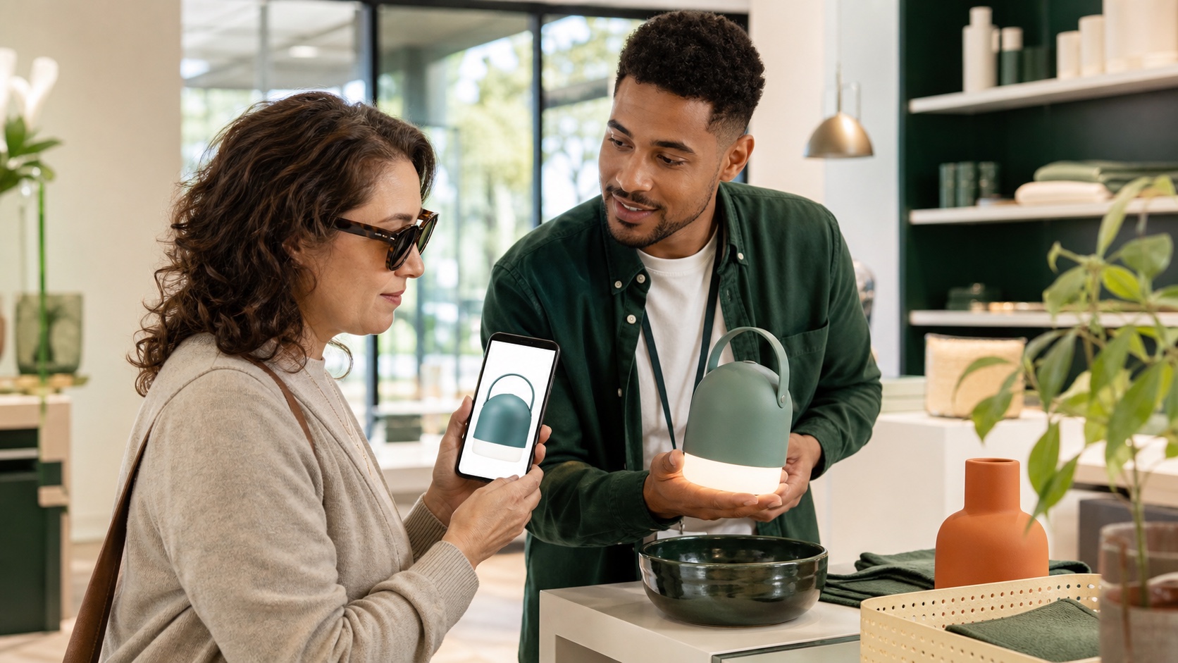 Eine Kundin vergleicht mit einem Mitarbeiter ein Produkt im Geschäft und auf dem Smartphone.