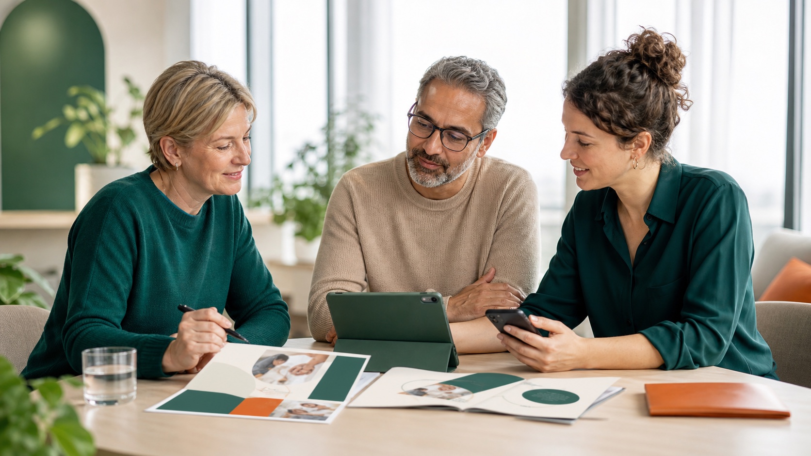 Ein Patient und zwei Fachpersonen prüfen gemeinsam digitale und gedruckte Bestandteile eines Patientenprogramms.